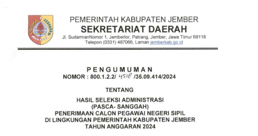 Cek Hasil Seleksi Administrasi Pasca Sanggah CPNS 2024 Kabupaten Jember