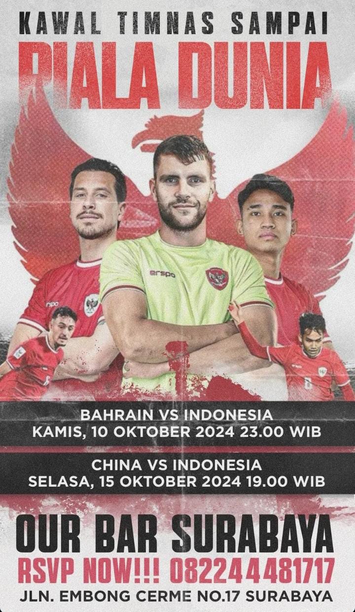 Lokasi Nobar Timnas Indonesia vs Bahrain di Surabaya