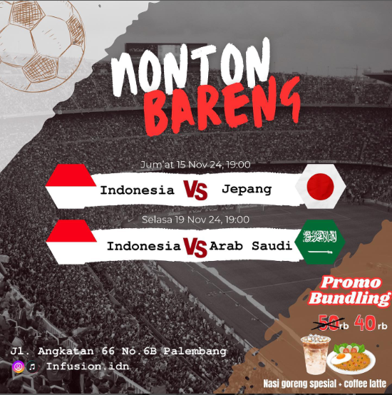 Tempat nobar timnas Indonesia vs Arab Saudi di Palembang