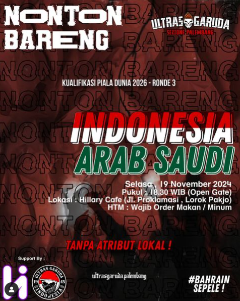 Tempat nobar timnas Indonesia vs Arab Saudi di Palembang