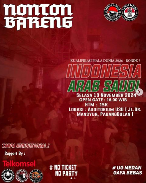 Lokasi Nobar Timnas Indonesia vs Arab Saudi di Medan