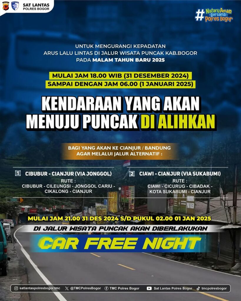 Jalur Alternatif Selama Car Free Night di Puncak