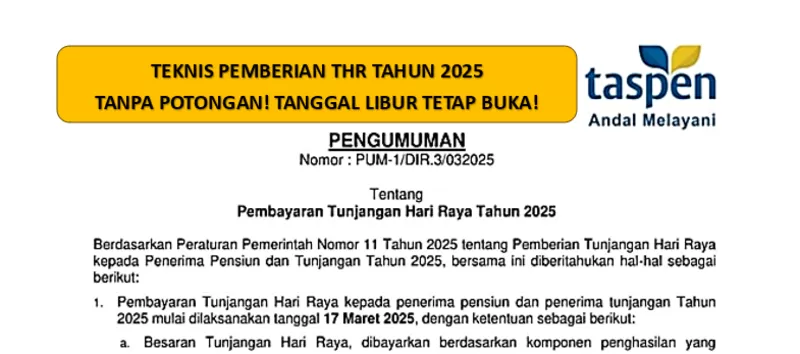 THR Pensiunan 2025: Taspen Umumkan Jadwal Pencairan THR 17 Maret, Segini Rinciannya