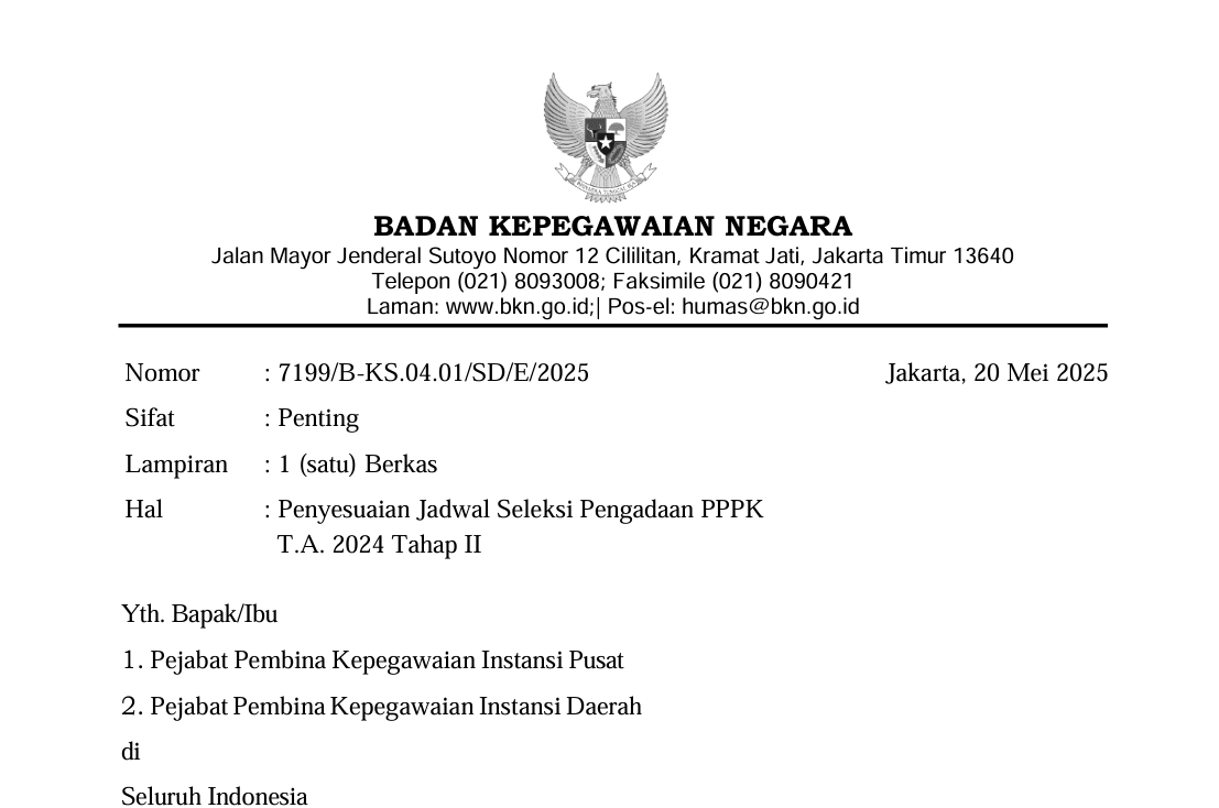 Penyesuaian Jadwal Seleksi PPPK Tahap II Tahun 2024