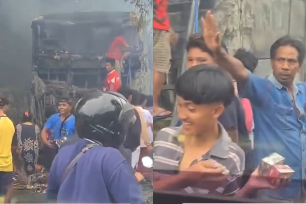 Viral! Bus Pahala Kencana Terbakar di Bangkalan, Warga Serbu Rokok Ilegal di Jalan