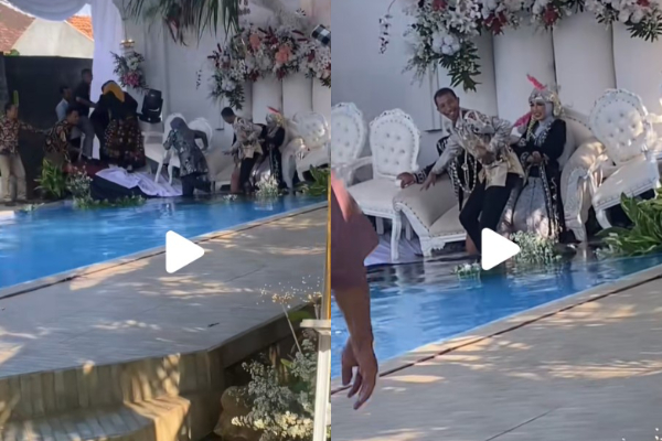 Viral! Kursi Pelaminan di Atas Kolam Ambruk hingga Pengantin Nyaris Tercebur, MC: Alhamdulillah