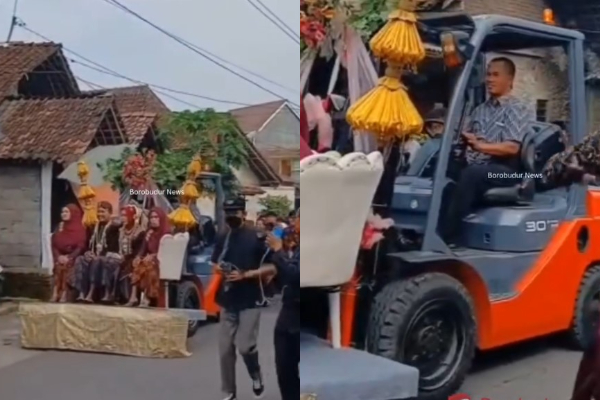 Viral! Pengantin Naik Forklift Saat Nikah di Magelang, Warga Iringi Arak-arakan Mempelai