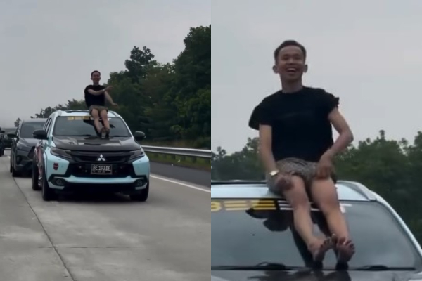 Remaja Lampung Pacu Jalur di Kap Mobil