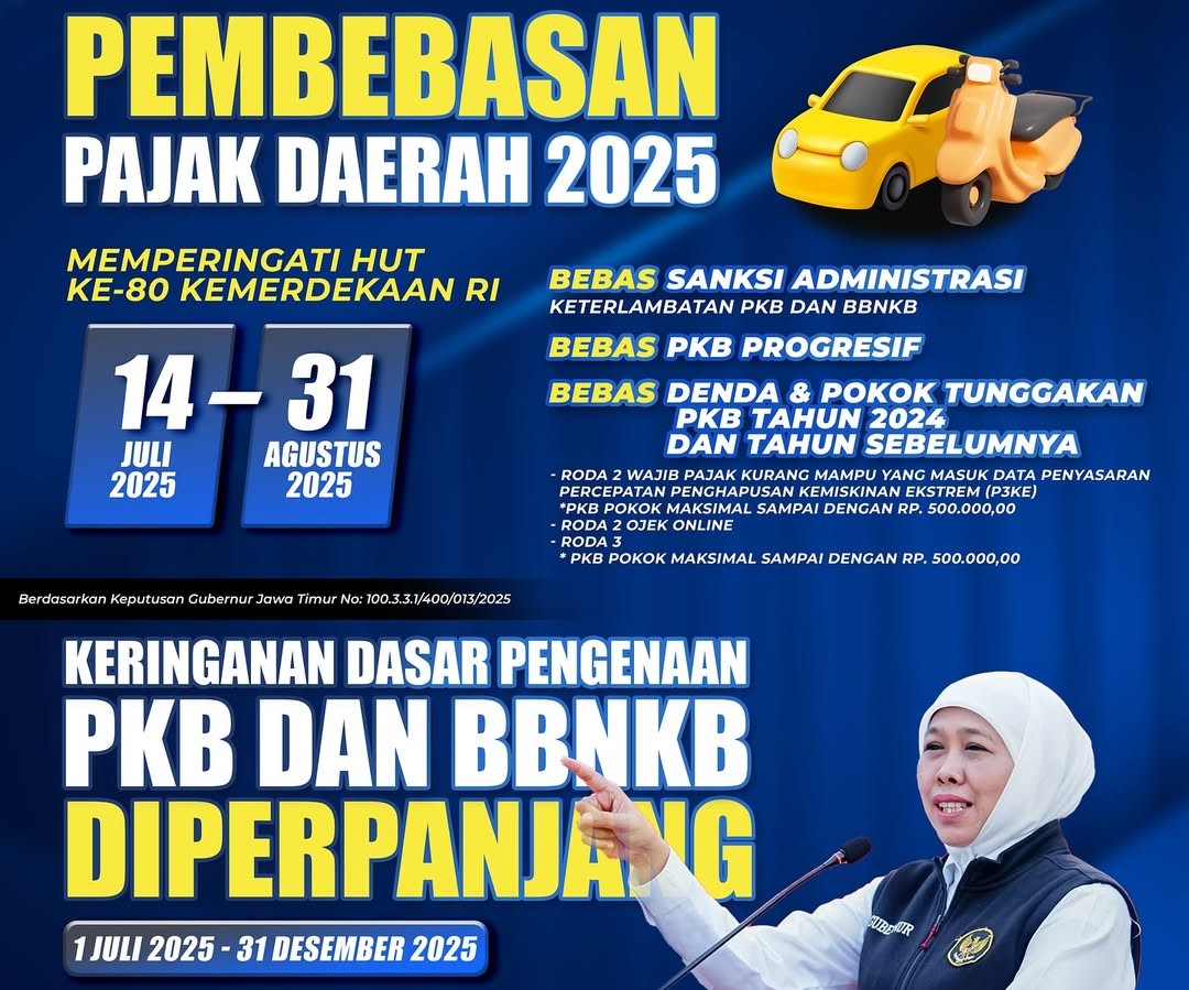 Pemprov Jatim Bebaskan Pajak Daerah 2025 Sambut HUT ke-80 RI