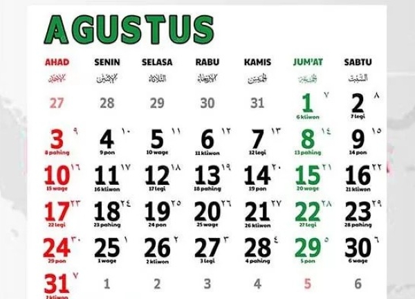 Kalender Jawa Agustus 2025 Lengkap dengan Weton