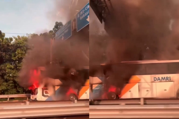 Hampir Setengah Bagian Bus Damri Terbakar di Tol Cikampek, Begini Kondisinya Sekarang!