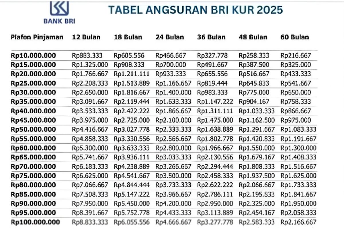 Tabel pinjaman KUR BRI 2025. (Source: KUR BRI)