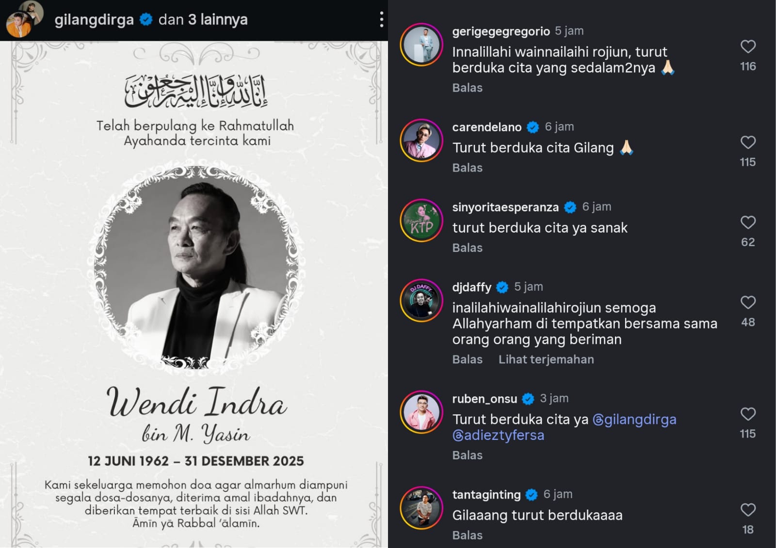 Ayah Gilang Dirga Meninggal Dunia di Akhir Tahun 2025, Gilang: Mohon Doa Agar Beliau Husnul Khatimah