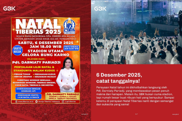 Jadwal Perayaan Natal Gereja Tiberias di SUBGK 6 Desember 2025, Pesta Kembang Api Siap Meriahkan Puncak Acara