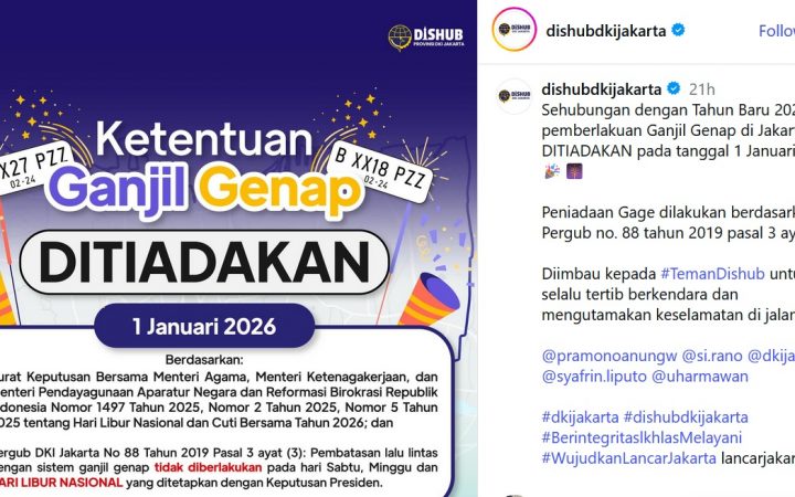 Ganjil Genap di Jakarta ditiadakan tanggal 1 Januari 2026