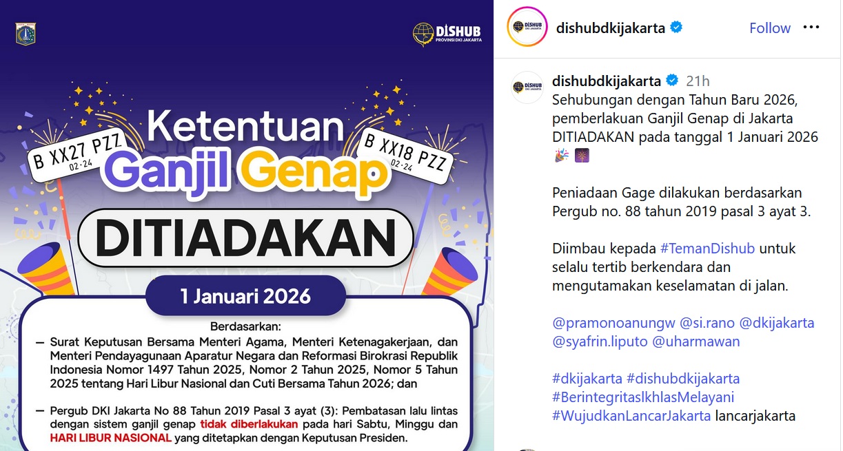 Ganjil Genap di Jakarta ditiadakan tanggal 1 Januari 2026