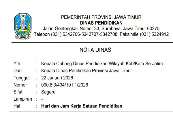 Resmi! Isi Surat Edaran Hari dan Jam Kerja Satuan Pendidikan 2026, Berlaku Mulai 1 Februari