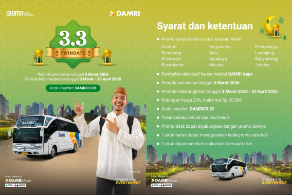 Promo Tiket DAMRI Twindate 3.3 Diskon 20 Persen untuk Mudik Lebaran 2026, Berlaku Cuma 1 Hari!