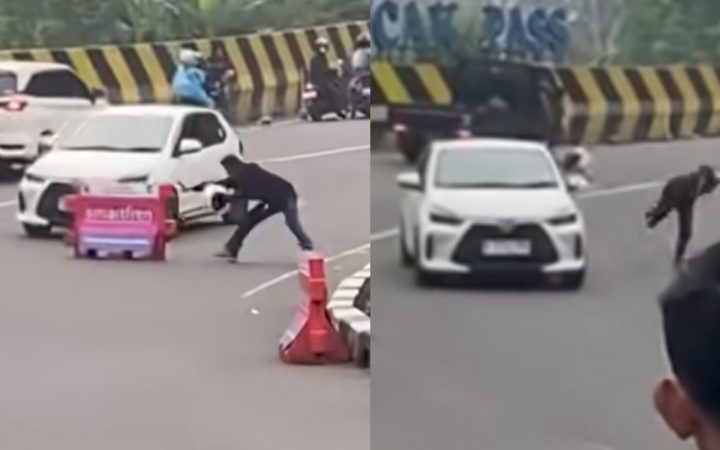 Viral Mobil LCGC Dihadang Water Barrier di Puncak Pass, Diduga Hindari Debt Collector