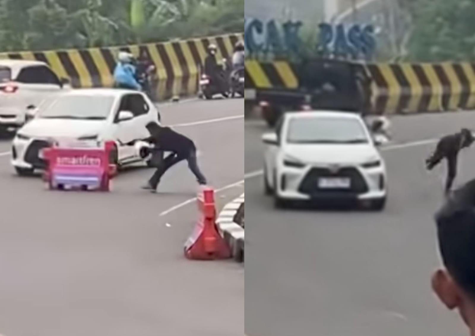 Viral Mobil LCGC Dihadang Water Barrier di Puncak Pass, Diduga Hindari Debt Collector