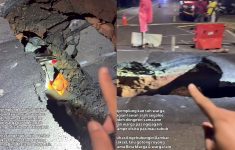 Hati-hati! Ada Jalan Amblas di Lenteng Agung, Pemotor Lawan Arah Sampai Tercebur Ke Lubang