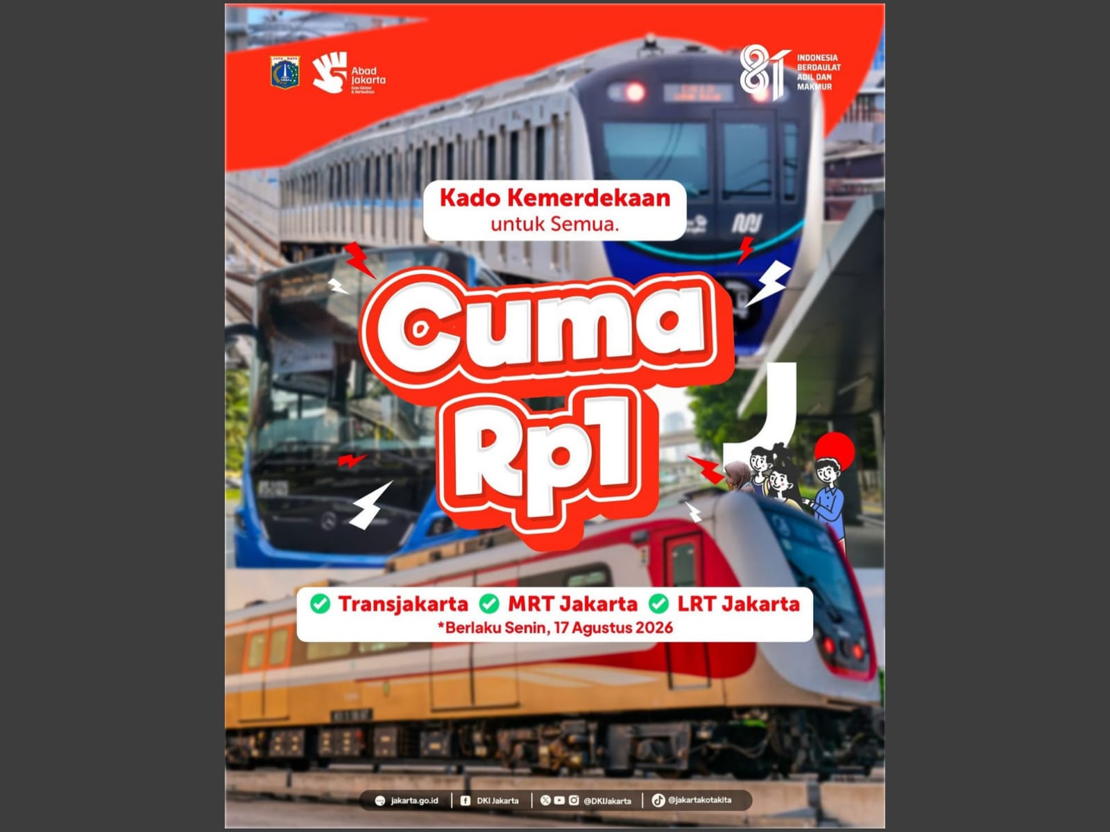 Naik TransJakarta, MRT, dan LRT Cuma Rp1 pada 17 Agustus 2026